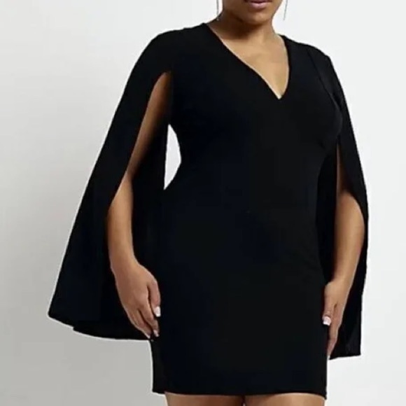 River Island London Black Cape Split Sleeve Bodycon Mini Dress Size US 8 UK 12 - Picture 5 of 5